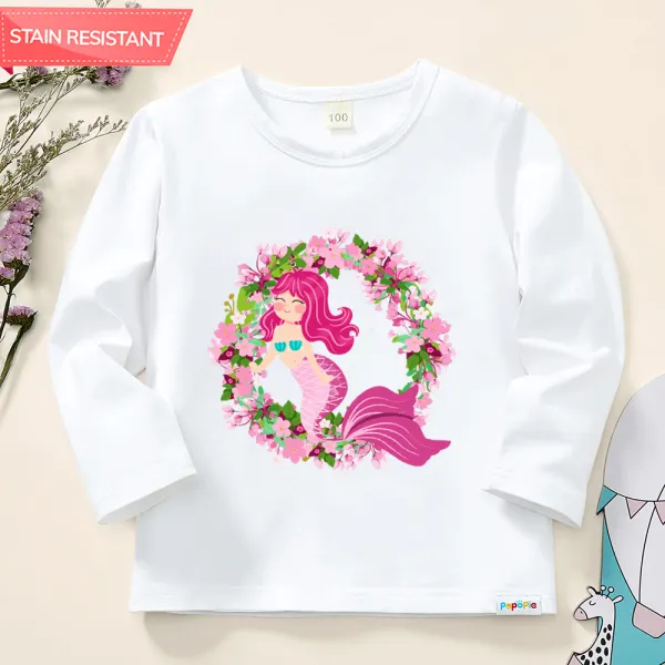 【12M-9Y】Girls Cotton Stain Resistant Mermaid Print Long Sleeve Tee - Popopieshop.com 