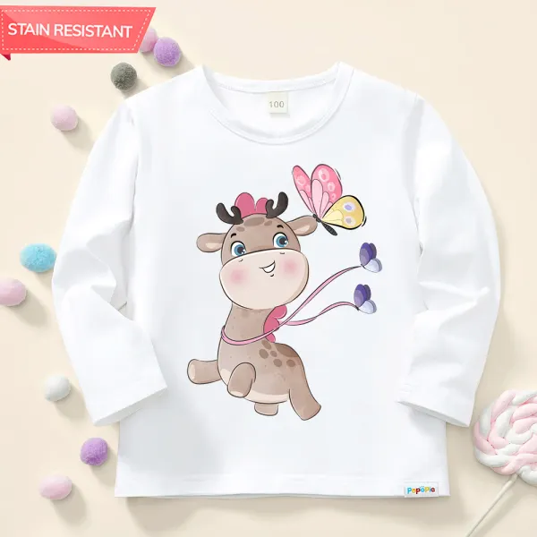 【12M-9Y】Girls Cotton Stain Resistant Fawn Pattern Long Sleeve Tee - Popopieshop.com 