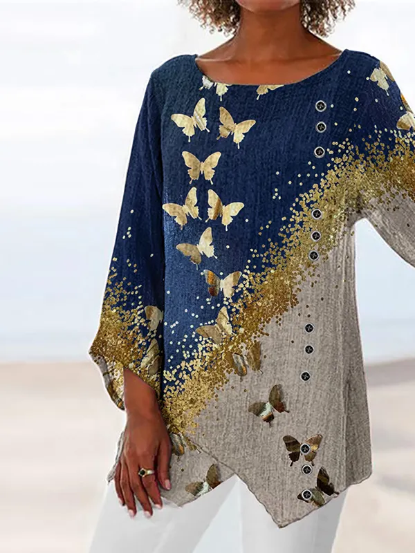 Fashion Round Neck Long Sleeve Butterfly Print Top - Oasisjoy.com 