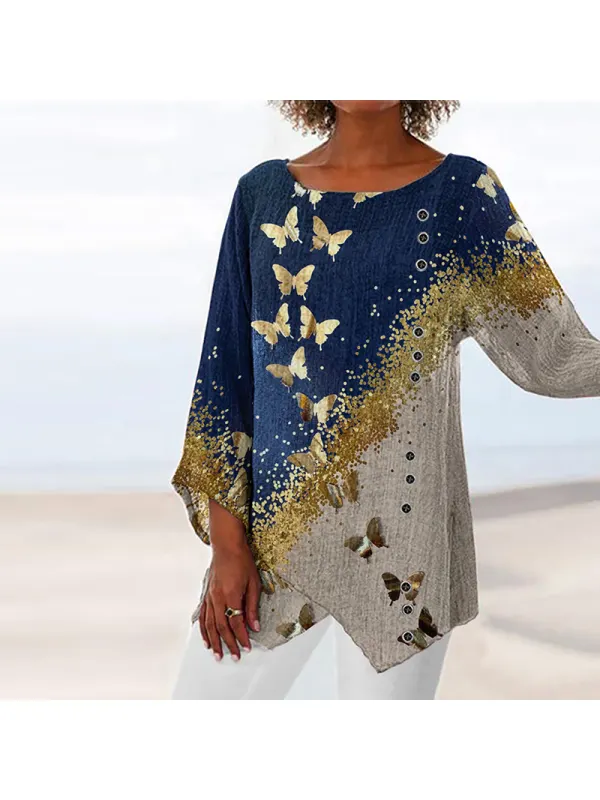 Fashion Round Neck Long Sleeve Butterfly Print Top - Godeskplus.chimpone.com 