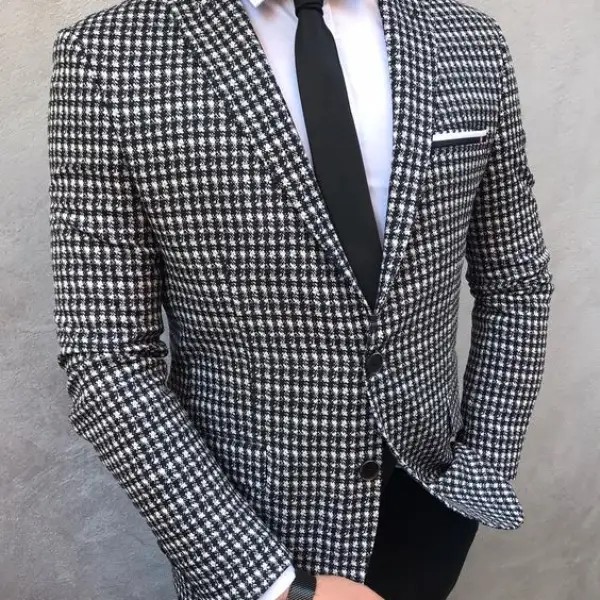 Men's Gentleman Black And White Plaid Evening Formal Suit - Keymimi.com 