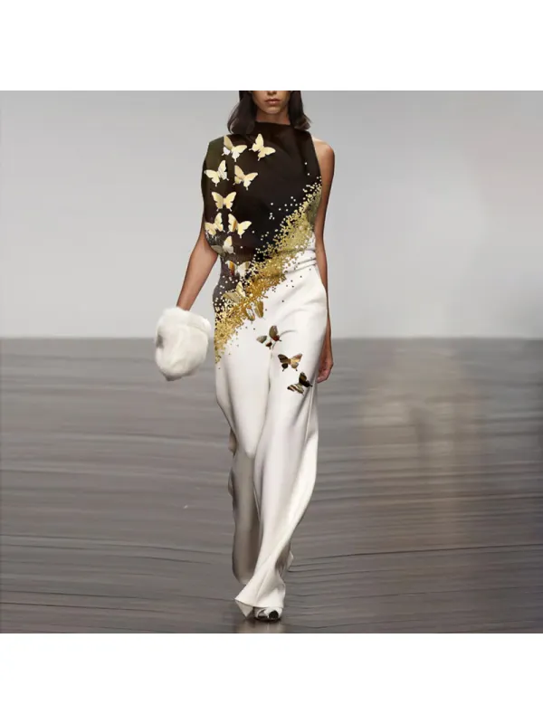 Fashion Round Neck Sleeveless Butterfly Jumpsuit - Machoup.com 
