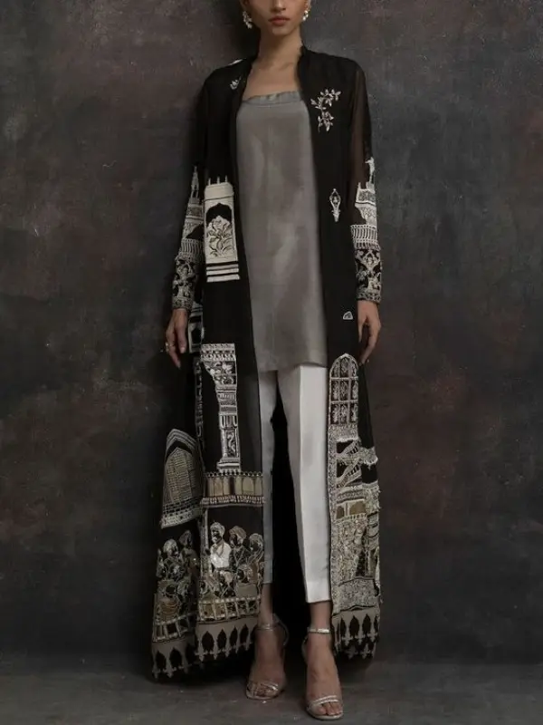 Women's Elegant Retro Palace Positioning Printing Black Gauze Cardigan Only CA$27.31 - Realyiyishop.com 