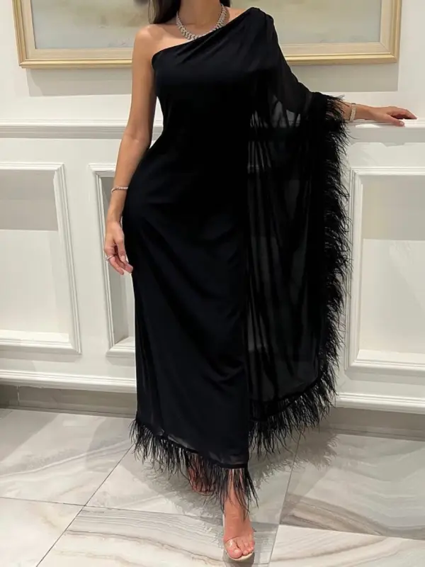 Women's Elegant Simple Slanted Shoulder Piece Mesh Feather Dress - Realyiyishop.com 