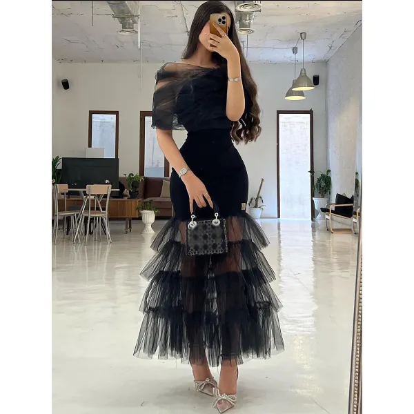 Ladies Elegant Off Shoulder Ruffled Tulle Fashion Holiday Party Dress - Chrisitina.com 