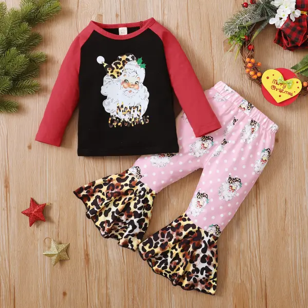 【12M-5Y】Girls Christmas Santa Claus Long Sleeve Top And Stitched Leopard1 Flare Pants Set1 - Www-beta.selaros.com 
