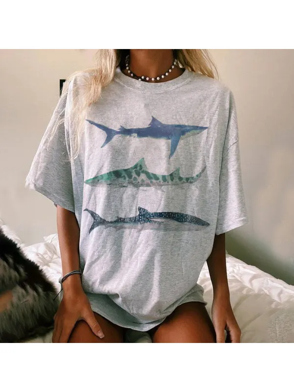Summer Retro Surf Marine Life Printed Casual Tee - Aptkoi.com 