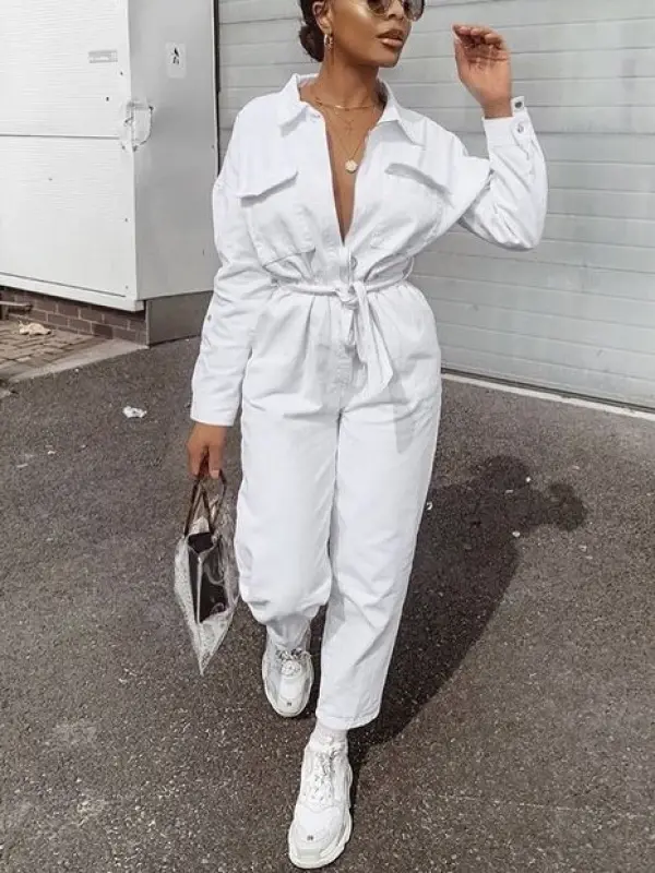 Women's Fashionable Pure White Cotton And Linen Tooling High Waist Jumpsuit - Cominbuy.com 