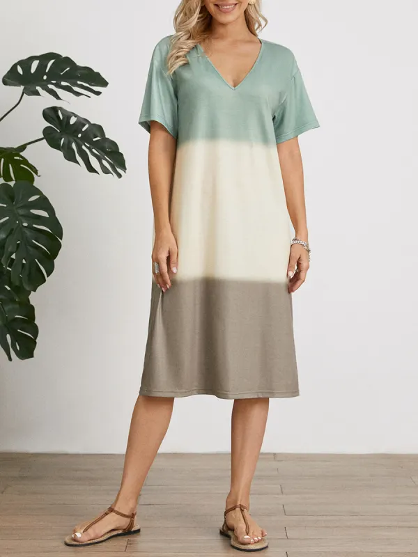 Womens Stitching V-neck Short-sleeved Dress - Realyiyi.com 