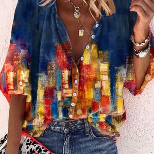 Casual V-Neck 34 Sleeves Button Up Shirt Blouses - Kalesafe.com 