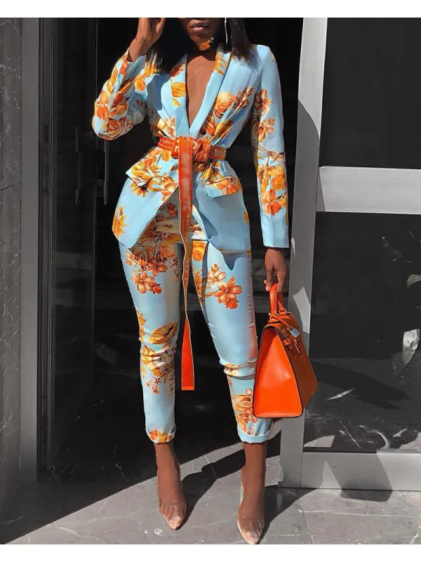 Women's Fashionable Floral Blue And Orange Suit Suit - Viewbena.com 