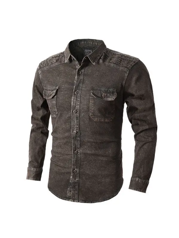 Men's Casual Chest Patch Pocket Wash Water Make Old Retro Shirt - Machoup.com 