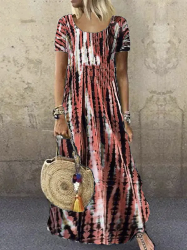 Ladies Round Neck Short Sleeve Tie-dye Printed Maxi Dress - Oasisjoy.com 