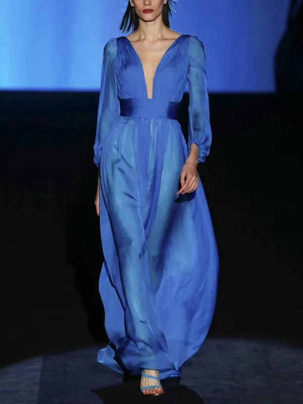 Blue V-neck Faux Silk Puff Sleeve Long Dress - Realyiyi.com 
