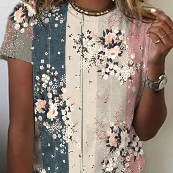 Round Neck Casual Loose Floral Print Short Sleeve T-shirt - Wayrates.com 