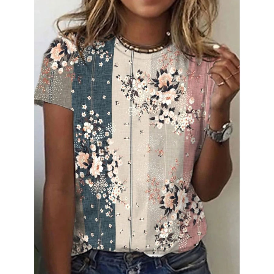 

Round Neck Casual Loose Floral Print Short Sleeve T-shirt