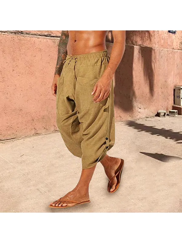 Men's Boho Linen Drawstring Loose Pockets Casual 7 Point Pants - Viewbena.com 
