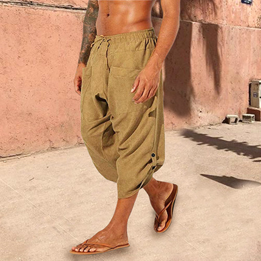 

Men's Boho Linen Drawstring Loose Pockets Casual 7 Point Pants