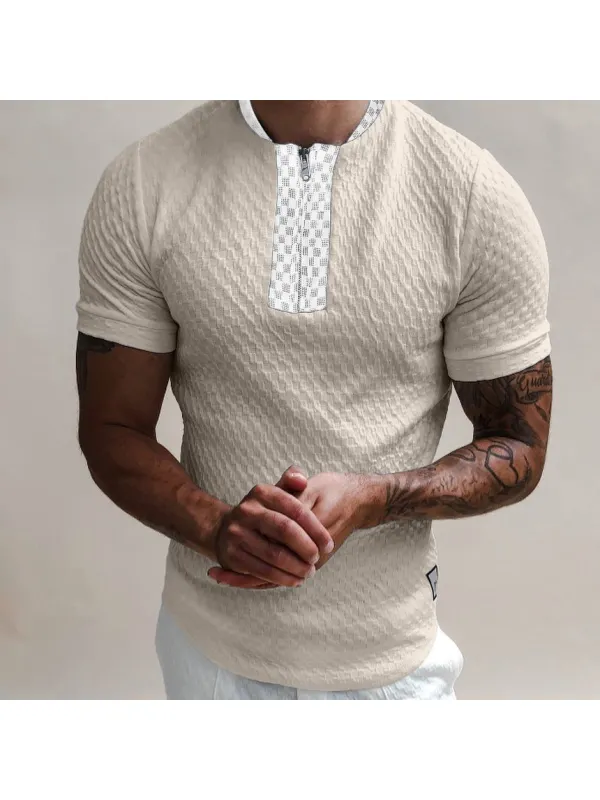 Textured Collarless Slim Fit Polo Shirt - Cominbuy.com 