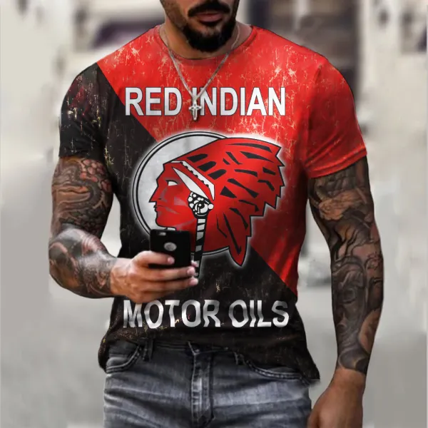 Red Indian Motor Oil Label Retro Casual T-shirt - Ootdyouth.com 