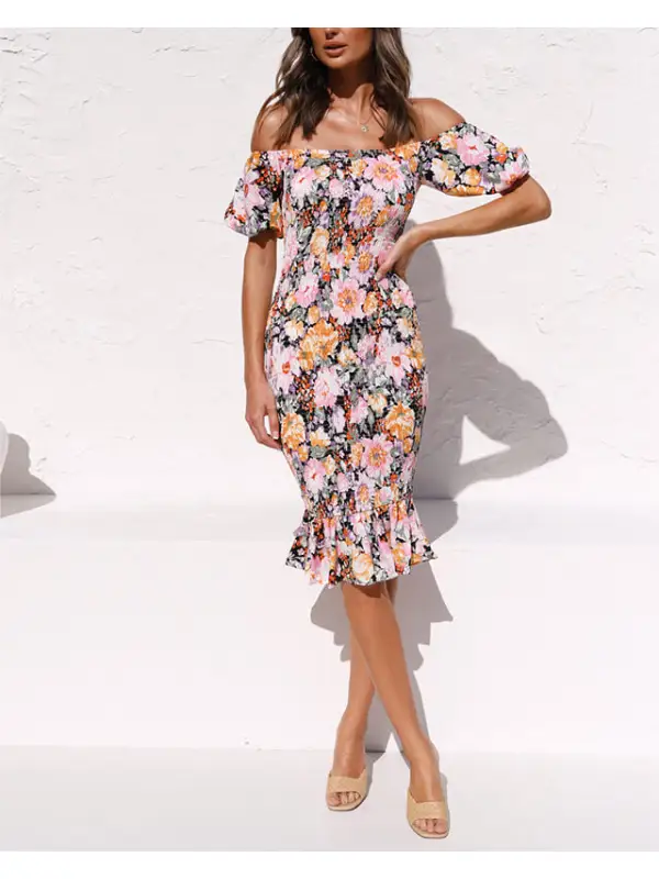 Women's One-shoulder Slim Ruffled Print Dress - Realyiyi.com 