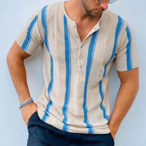 Striped Collarless Short Sleeve Polo Shirt - Keymimi.com 
