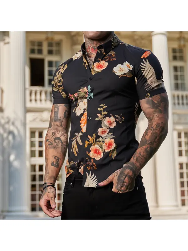 Slim-fit Stretch Floral Print Short-sleeved Shirt - Ootdmw.com 