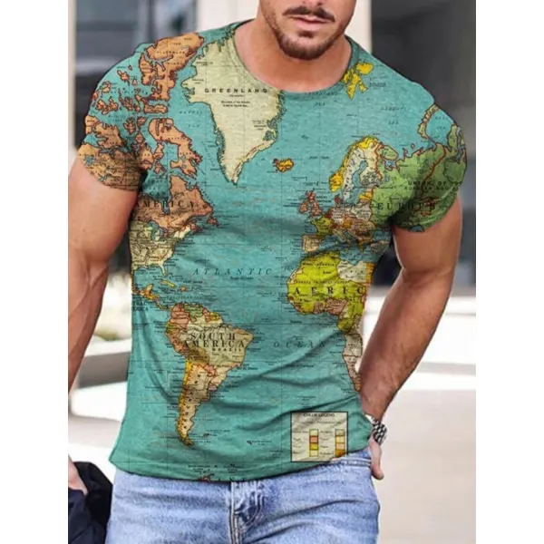 Mens Fashion Contrast Color Map Print T-shirt - Keymimi.com 