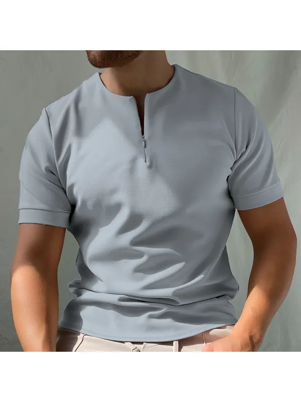 Collarless Solid Color Short-sleeved Polo Shirt - Cominbuy.com 