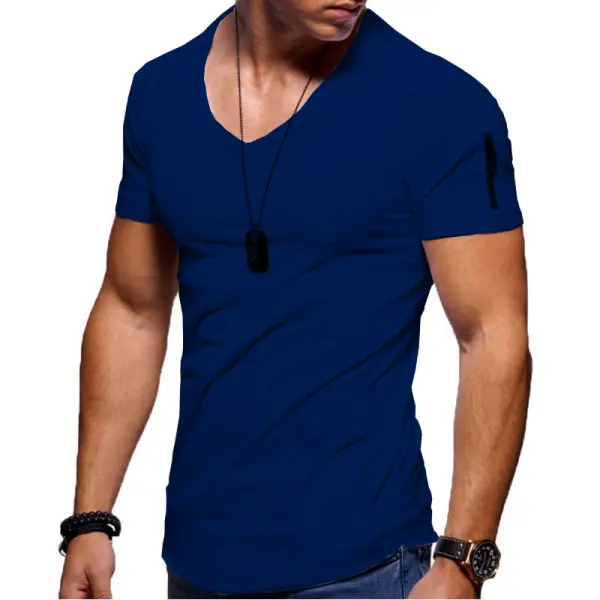 Men's V-Neck Stretch Solid Short Sleeve Casual T-Shirt - Villagenice.com 