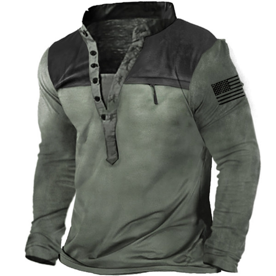 

Men's Outdoor Tactical Patchwork Zip Pocket Henley Collar Shirt