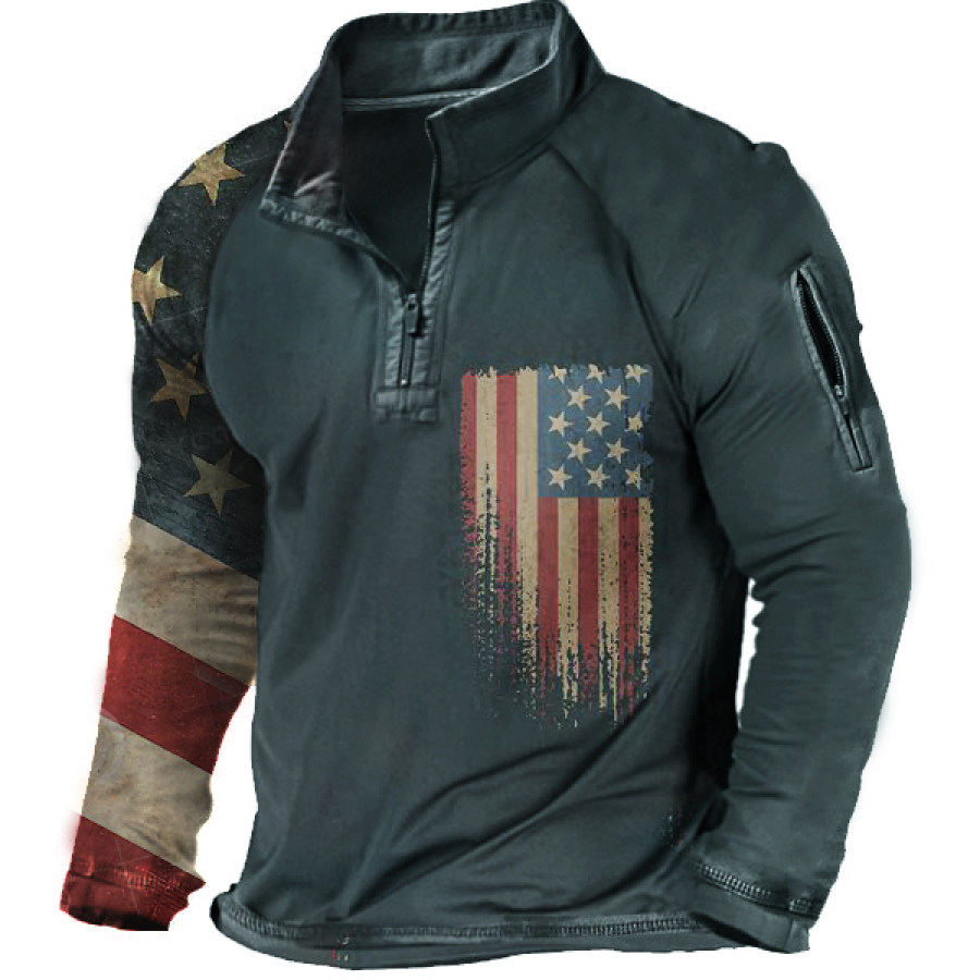 

Vintage American Flag Men's Henley Half Collar Tactical Long Sleeve T-Shirt