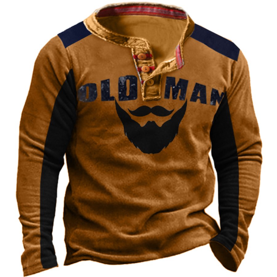 

Men's Vintage Bearded Old Man Color Block Mock Zipper Stand Collar Sweatshirt