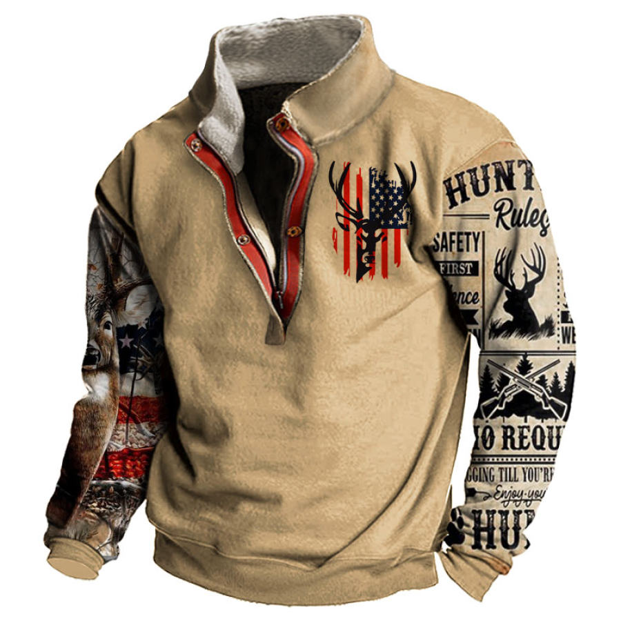 

Vintage Men's Outdoor American Deer Print Stand Collar Sweatshirt