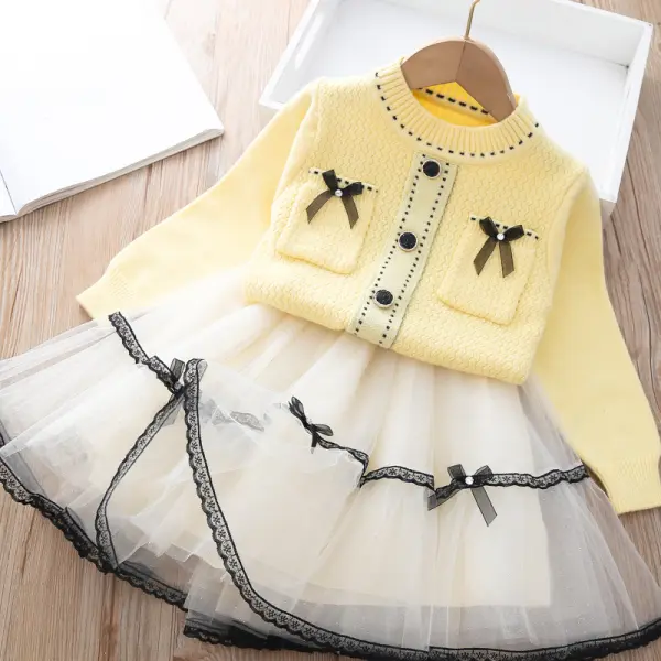 【12M-5Y】2-piece Girl Sweater Cardigan Plus Net Yarn Tutu Skirt Set - Popopieshop.com 