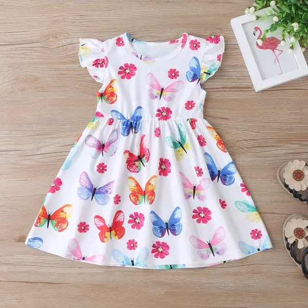 【18M-7Y】Girl Sweet Colorful Butterfly Ruffle Sleeve Dress - Popopieshop.com 