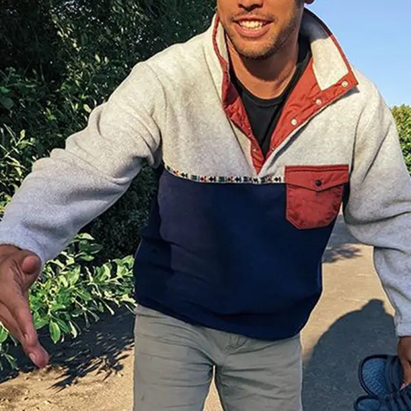 Retro Men's Contrast Color Fleece Polo Casual Sweatshirt - Menilyshop.com 