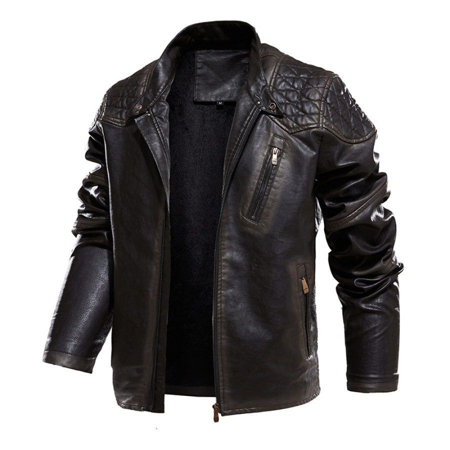 

Men's Fashion Multi Pocket Zipper Design Iocomotive Outdoor Sports Plush Leisure Leather Jackets
