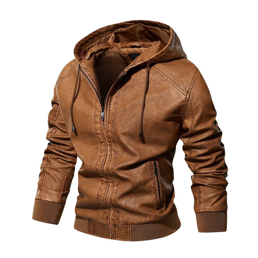 

Men's Retro Wash Multi Pocket Locomotive Outdoor Sports Leisure Leather Hooded Jackets