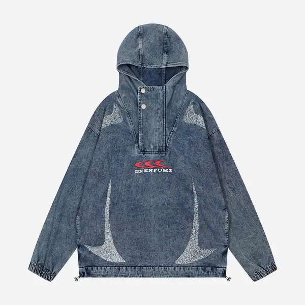 The Supermade High-neck Hooded Wash Denim Jacket - Sunhopebloom.com 