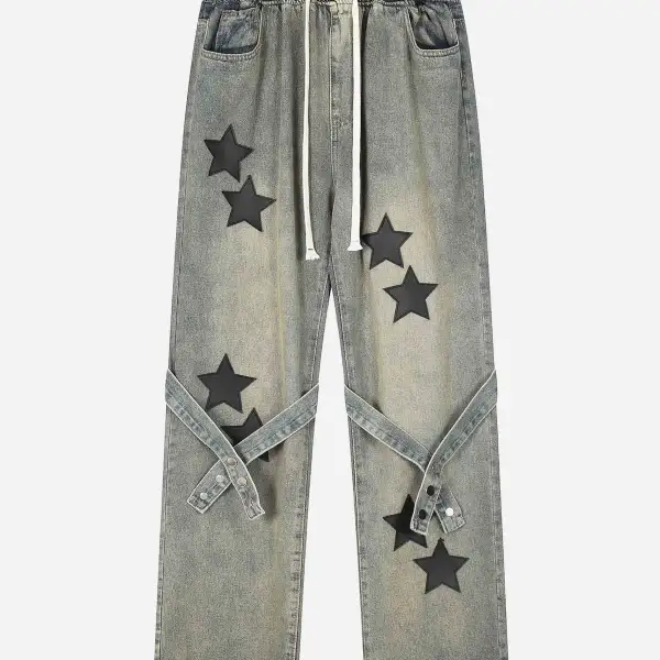 The Supermade Star Embroidered Flutter Belt Elastic Waist Jeans - Sunhopebloom.com 