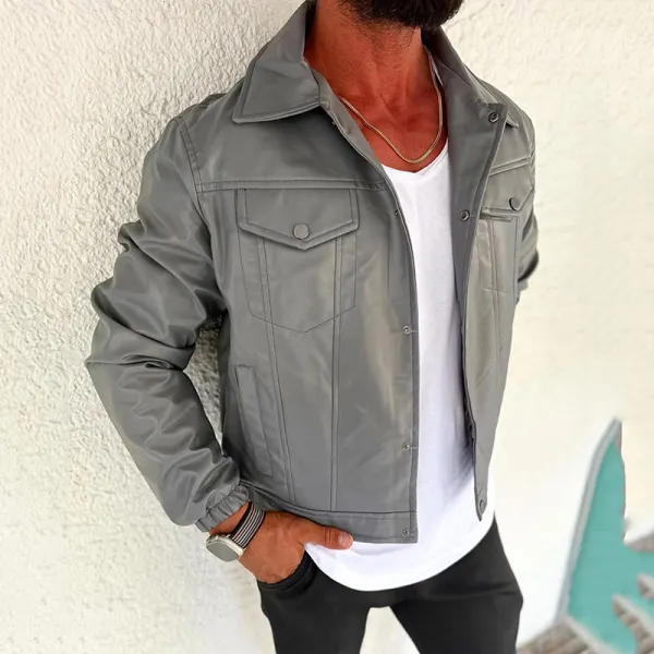 Solid Color Basic Leather Jacket - Sunhopebloom.com 