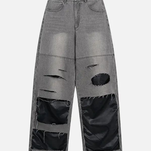 Thesupermade Ripped Patchwork Washed Straight-leg Jeans - Sunhopebloom.com 