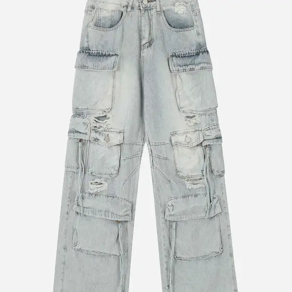 The Supermade Washed Multi-pocket Work Jeans - Sunhopebloom.com 