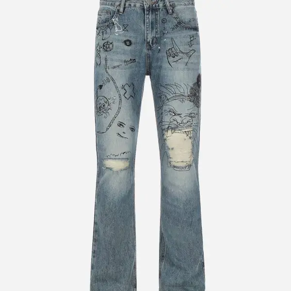The Supermade Washed Graffiti Ripped Jeans - Sunhopebloom.com 