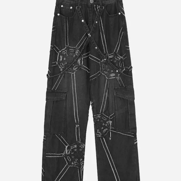The Supermade Hip-hop High Street Design Sense Spider Web Denim Straight Leg Pants - Sunhopebloom.com 