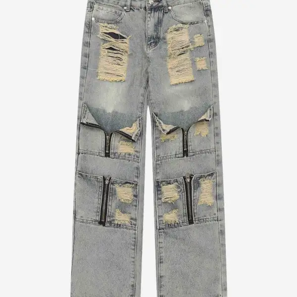 The Supermade American High Street Washed And Torn Work Pockets Straight Denim Pants - Sunhopebloom.com 