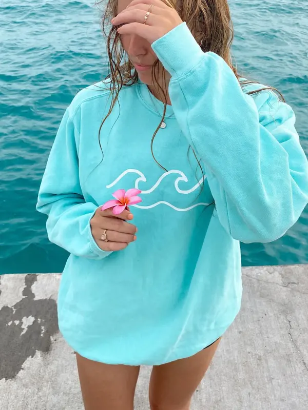 Blue Shores And Waves Printed Casual Sweatshirt - Goaffection.com 