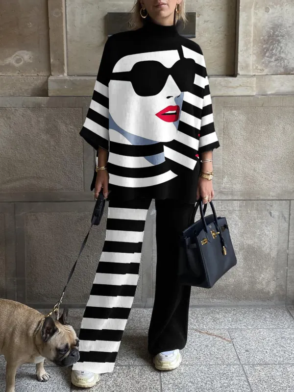 Women's Fashion Geometric Abstract Face Print Suit - Viewbena.com 