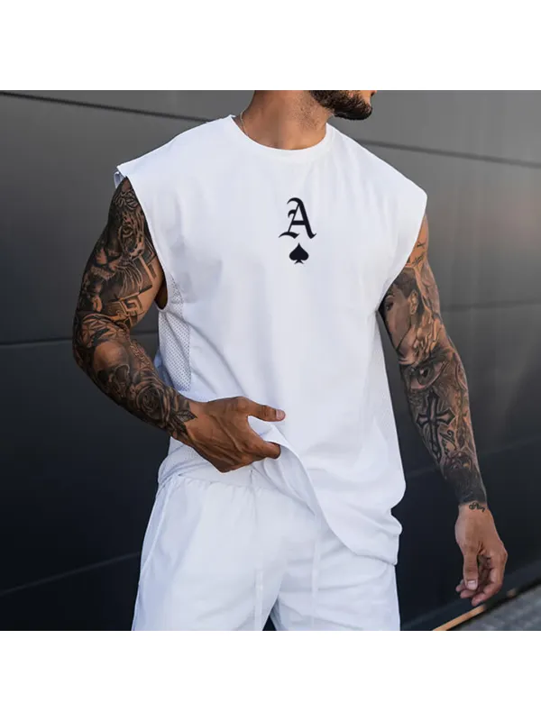 Men's Fashion Ace Of Spades Print Tank Top Casual Mesh Patchwork Breathable Sleeveless T-Shirt - Shopyiyistories.com 